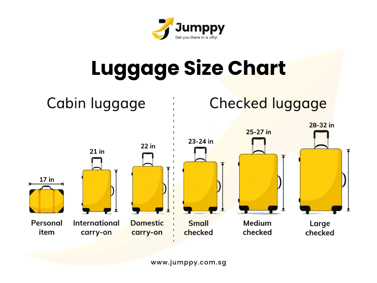 Luggage size chart — cabin luggage (personal item, 21in international carry-on, 22in domestic carry-on) versus checked luggage (23–24in small, 25–27in medium, 28–32in large).