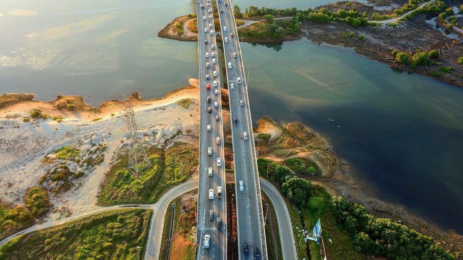 Aerial view of the Singapore–JB Causeway highway with cars